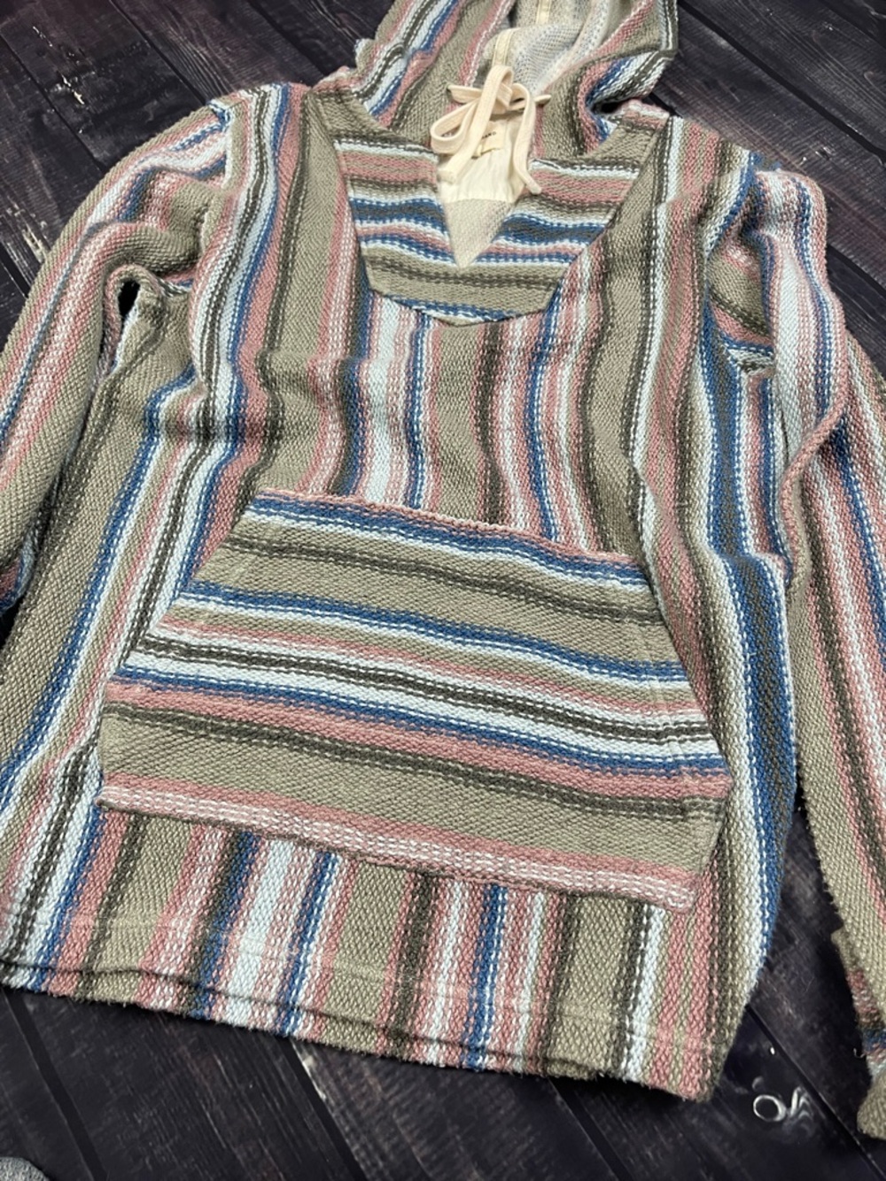 Lucky Brand Striped Baja Hoodie Pullover Sweater in Sage Pink Blue